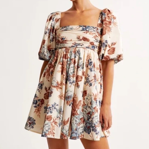 Abercrombie & Fitch Dresses & Skirts - ABERCROMBIE Emerson pippin dress in blue brown cream Floral Puff Sleeve XS